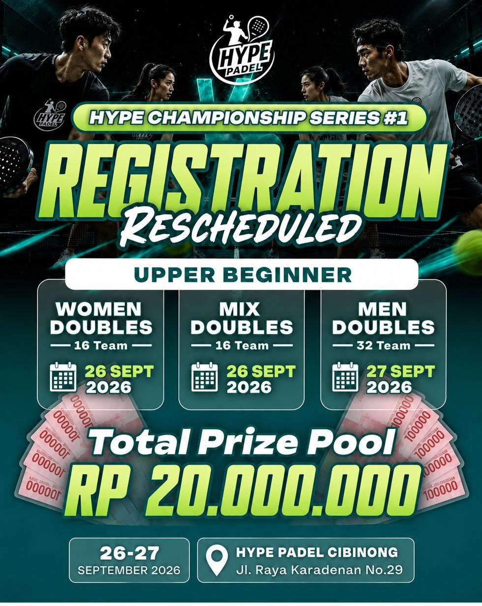 Poster Hype Championship Series #1 — turnamen padel Upper Beginner 26–27 September 2026 di Hype Padel Cibinong, total hadiah Rp20.000.000